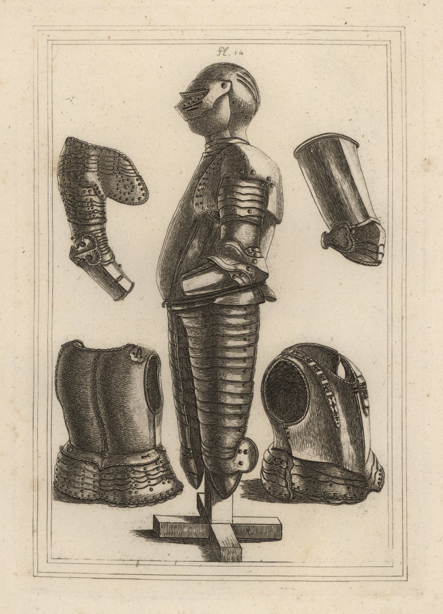 Vanha, kirkas haarniskapuku John de Courcylle, Earl of Ulster 1:lle ja pauldronille, garde-messingille, avant-messingille tai Duke of Monmouthin vambracelle tekijältä Unbekannt