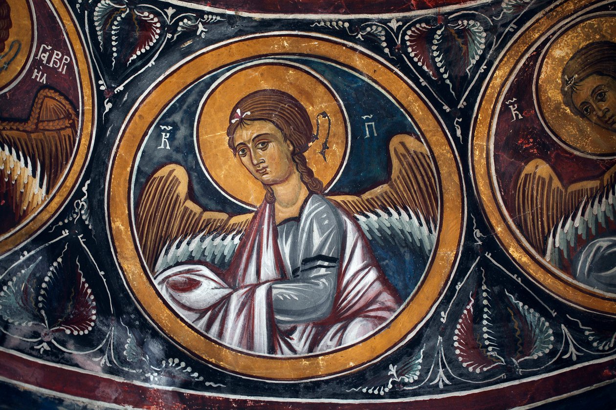 Enkelimedaljonki Kristuksen ja viimeisen tuomion ympärillä Yksityiskohta bysanttilaisesta freskosta Asinoun kirkon Narthex-holvista Viimeinen tuomiokohtaus 1300-luku (1332) UNESCO, maailman kulttuuriperintökohde Troodoksen alue, Kypros tekijältä Unbekannt