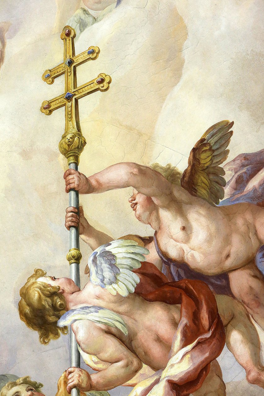 Enkelit pitelevät ristiä. Fresko Johann Michael Rottmayrr. Karlskirche. Pyhän Kaarlen kirkko, Wien, Itävalta tekijältä Unbekannt