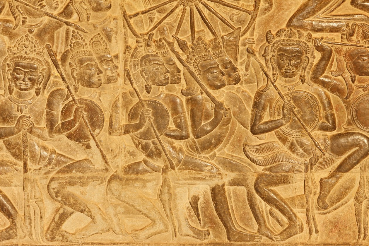 Angkor Watin yksityiskohta helpotusta veistoksesta Kurukshetran taistelusta, Siem Reap, Kambodža tekijältä Unbekannt