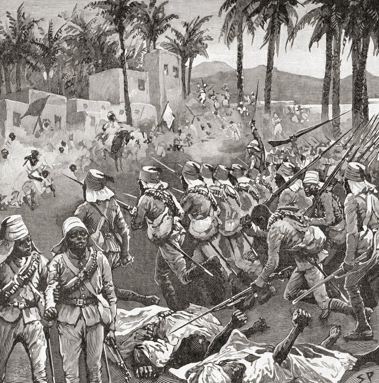 Englantilais-egyptiläiset joukot hyökkäsivät Ferkehin kylään Ferkehin tai Firketin taistelussa 7. kesäkuuta 1896 Mahdist-sodan aikana. tekijältä Unbekannt