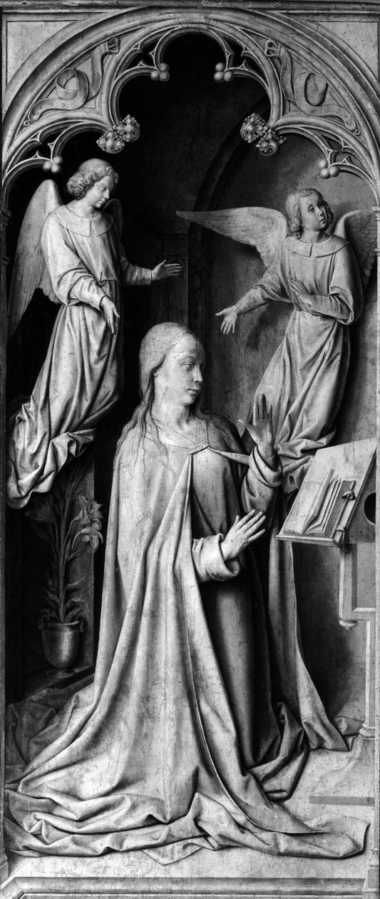 Annunciation Trypticin kääntöpuoli, vasen osa. Moulinsin tai Jean Heyn (1450-1505) maalaus 1400-luvulta. Cathedrale Notre Dame, Moulins (Allier) tekijältä Unbekannt