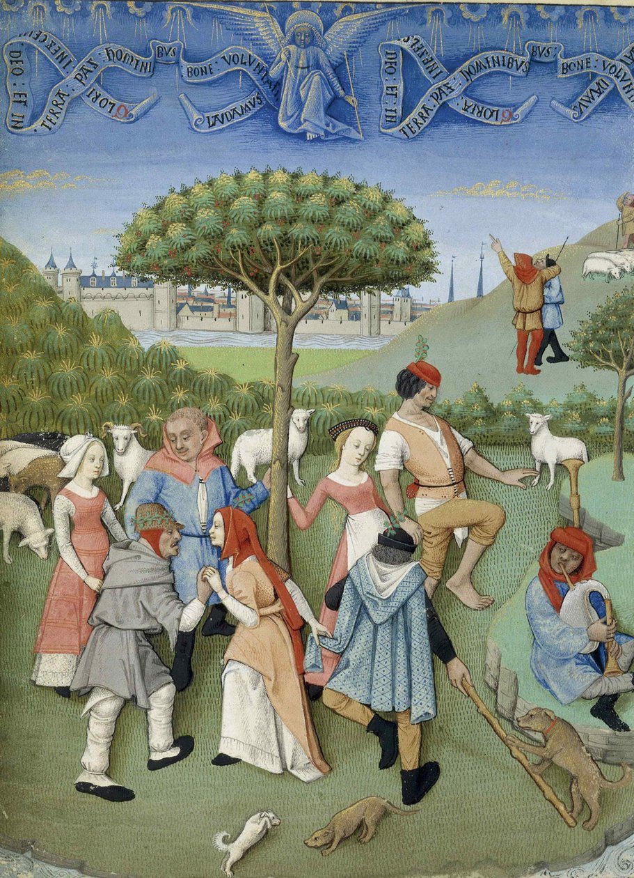 Ilmoitus paimenille: country dance. Teoksesta Heures de Charles dAngoulême, n. 1480. tekijältä Unbekannt