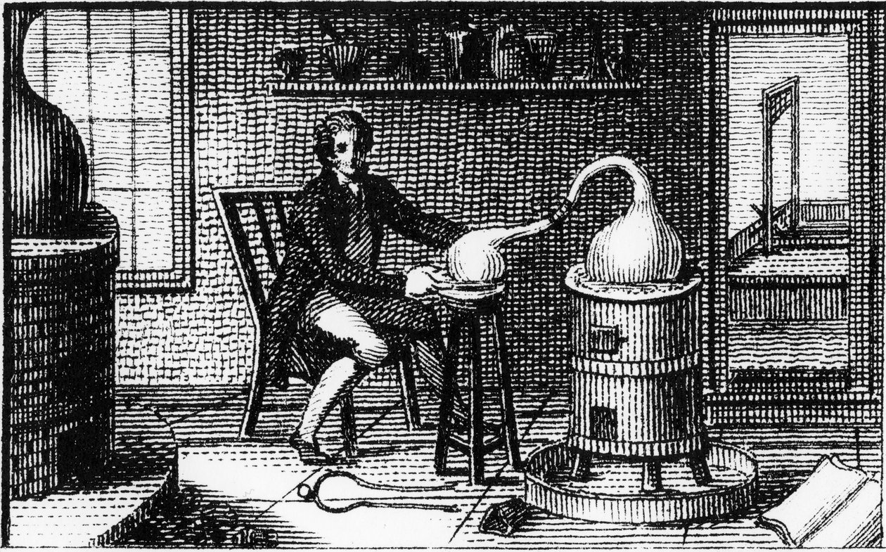 Antoine Laurent Lavoisier, 1700-luvun ranskalainen kemisti, laboratoriossaan, 1814 tekijältä Unbekannt