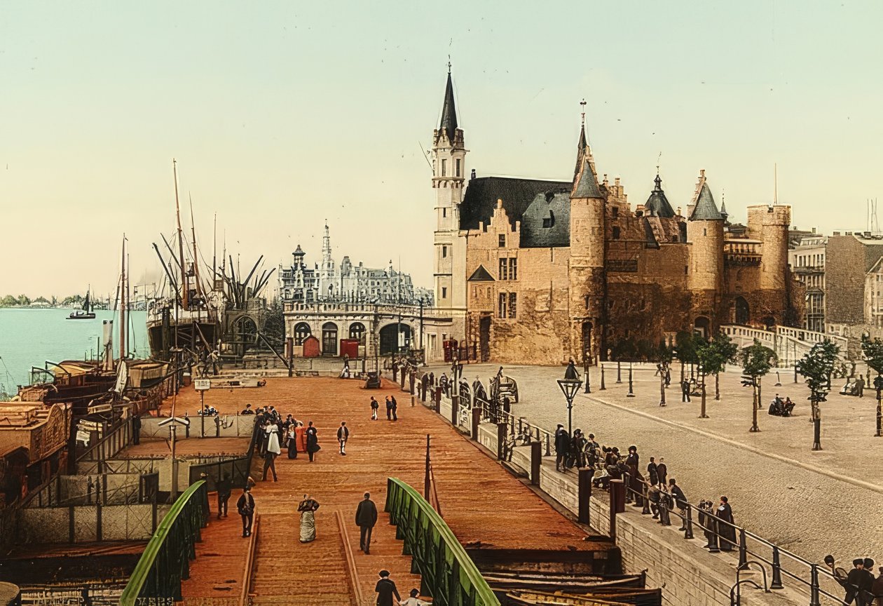 Antwerpen (Anvers). Näkymä vanhan linnan (Het Steen) yli satamaan. Noin 1900 tekijältä Unbekannt