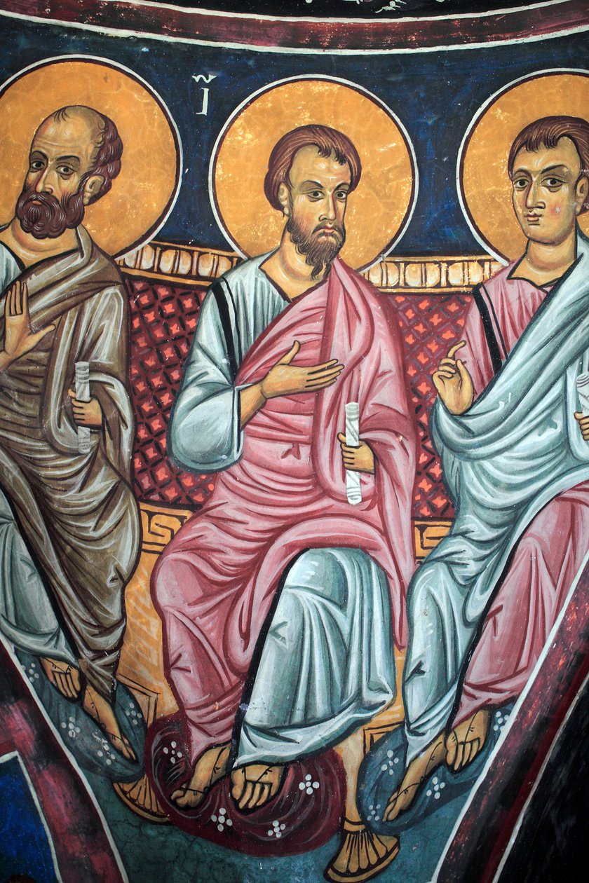 Apostolien esitys Kristuksen ja viimeisen tuomion ympärillä Yksityiskohta bysanttilaisesta freskosta Asinoun kirkon Narthex-holvista Viimeinen tuomiokohtaus 1300-luku (1332) UNESCO, maailman kulttuuriperintökohde Troodoksen alue, Kypros tekijältä Unbekannt