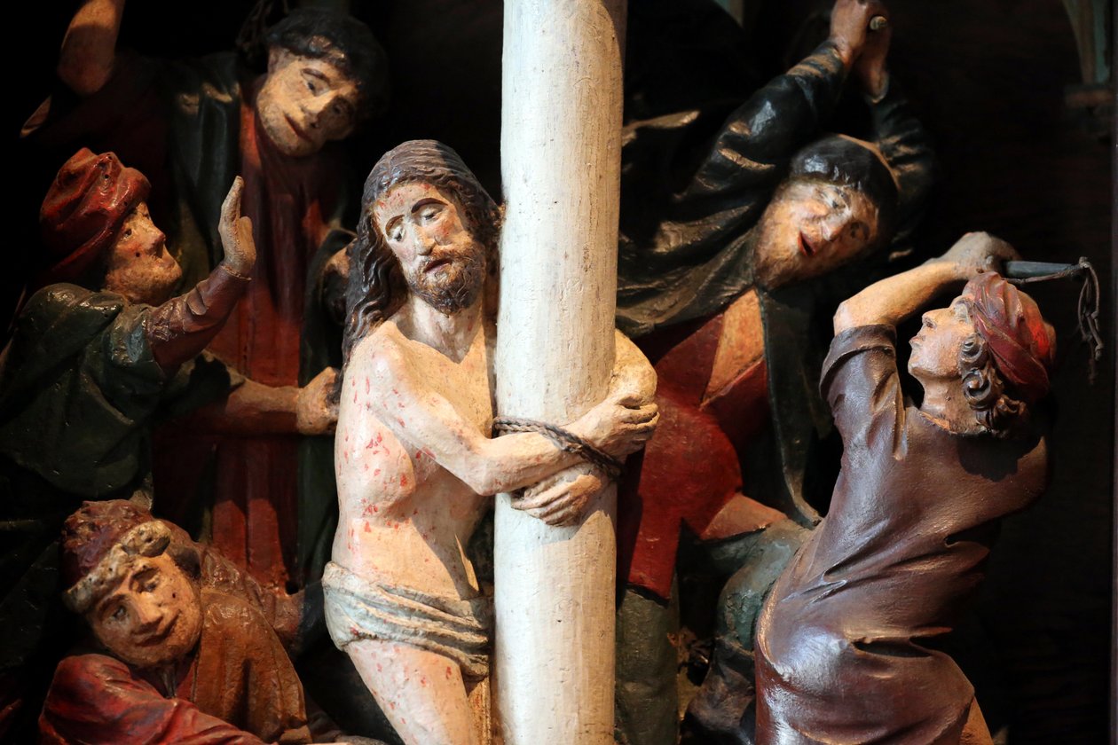 Arbois, Jura, Ranska, 31.8.2015 - Saint-Hippolyten kirkko. 1400-luvun retable. Kristuksen liputus. tekijältä Unbekannt