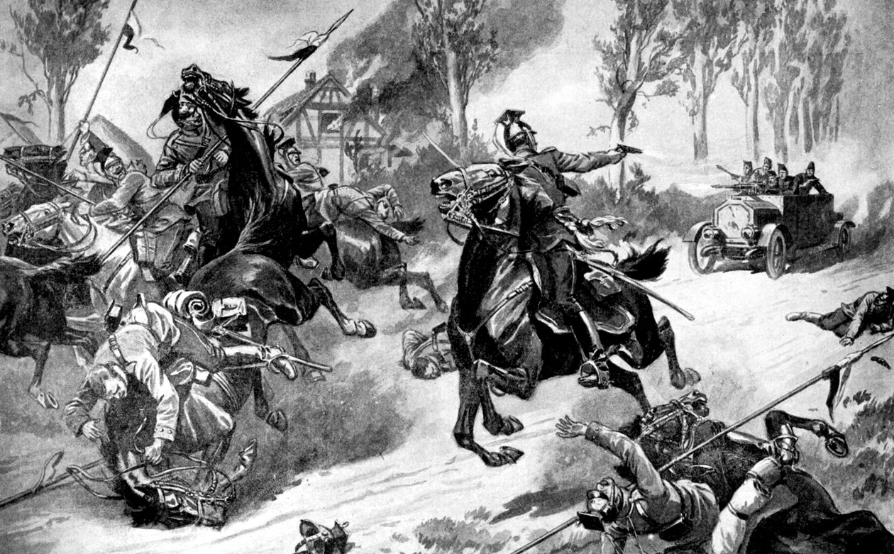 Panssaroidut belgialaiset joukot ulaanien hyökkäyksen kohteeksi, ensimmäinen maailmansota, 1914 tekijältä Unbekannt