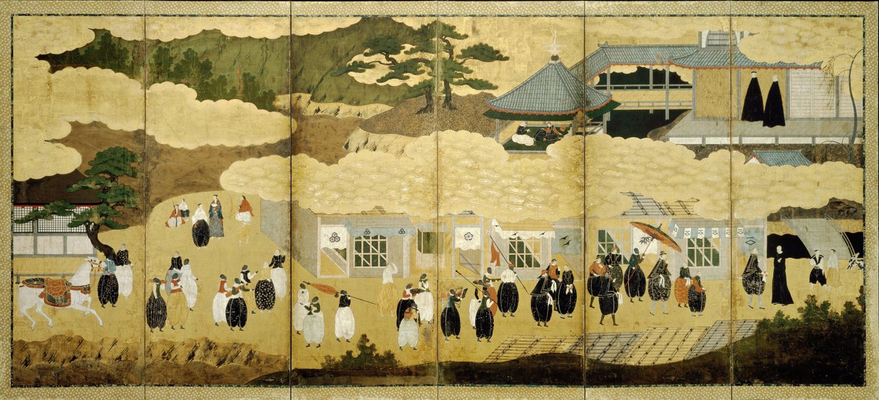 Portugalilaisen laivan saapuminen. Nanban-näyttö, n. 1600 tekijältä Unbekannt