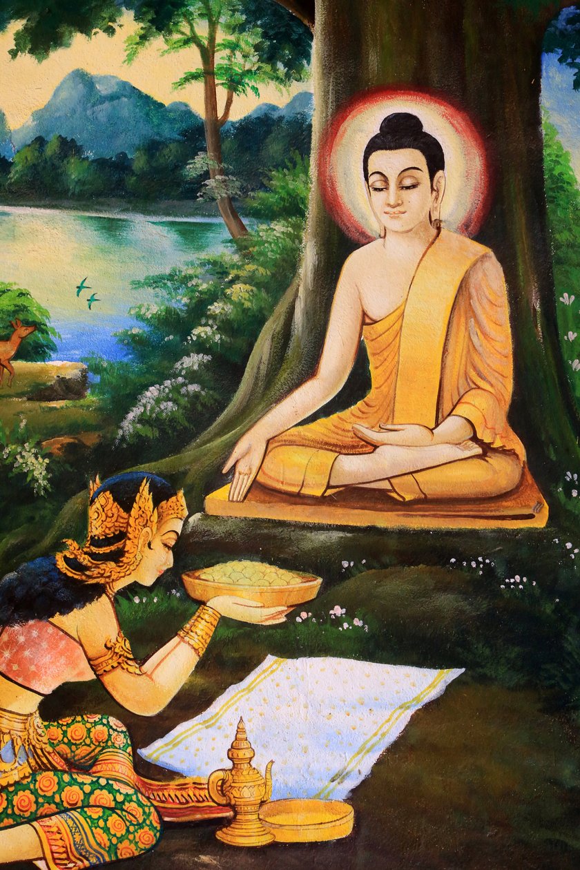 Nandabala tarjosi askeettiselle Buddhalle kulhollisen maito-riisiateriaa valaistumisen aamuna. Shakyamuni Buddhan elämäntarinaa kuvaava maalaus. Wat Ong Teu Kaunis. Raskaan Buddhan temppeli. Ventiane. Laos, 20151028, Vientiane, Laos tekijältä Unbekannt