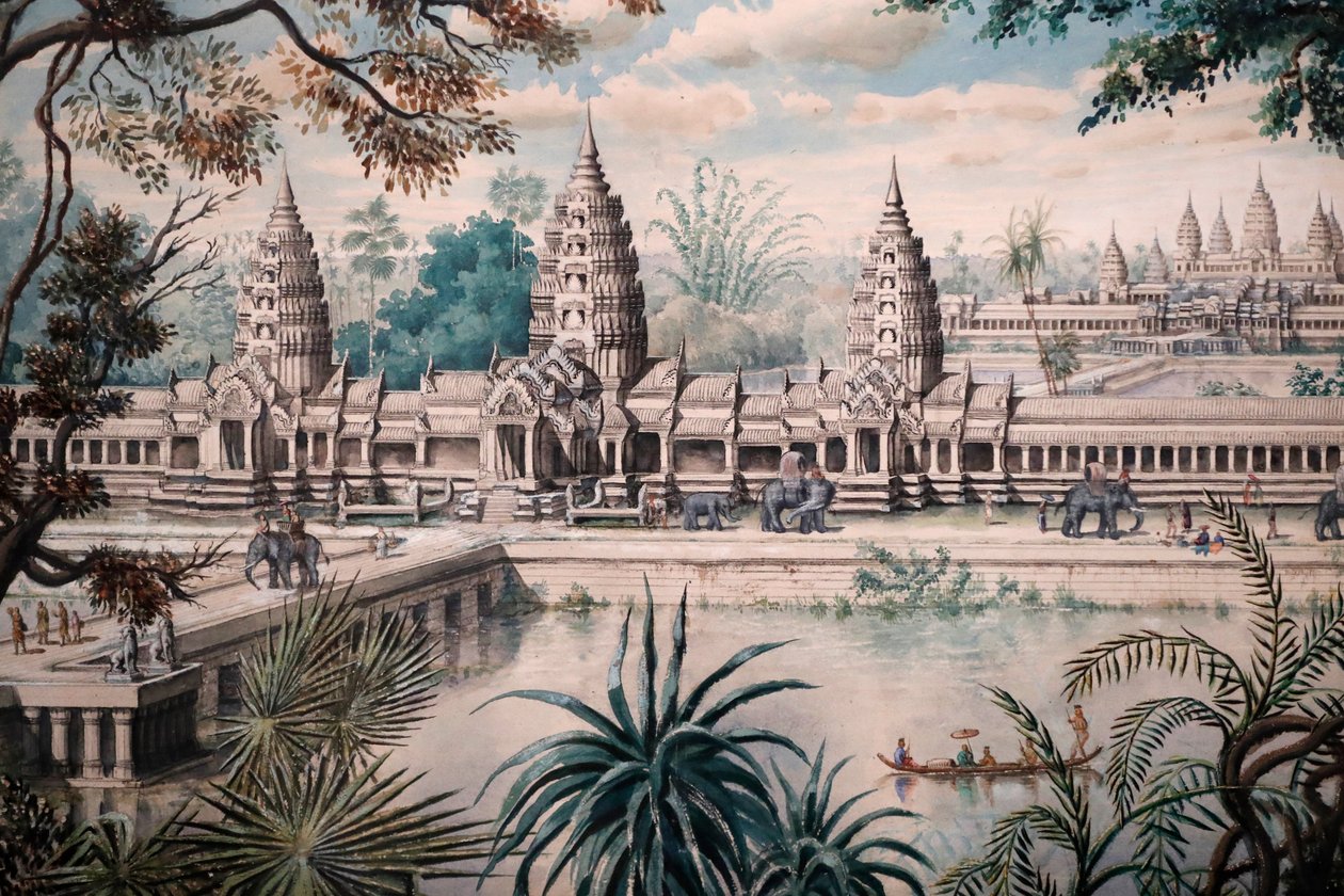 Aasian sivilisaatioiden museo, Angkor, Kambodžan pyhään kaupunkiin tutustuminen, Angkor Watin näkymä, Jacques Guiaudin piirustuksen pohjalta tehty printti Henri Mouhotin luonnoksen jälkeen, Louis Delaporten näkymä Angkor Watista noin 1870-73, Singapore, 20 tekijältä Unbekannt
