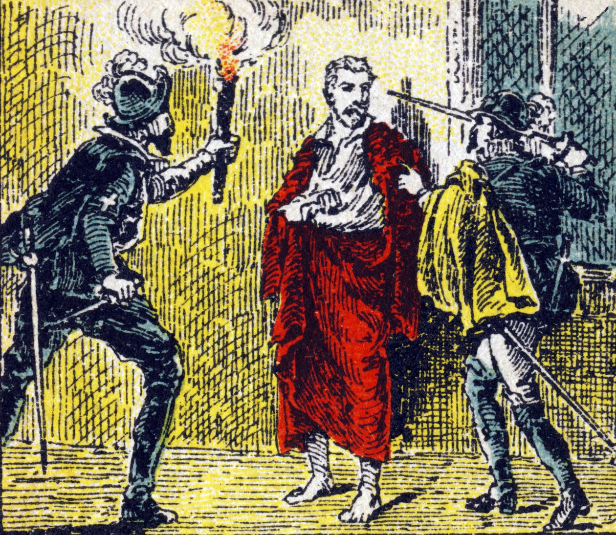 Gaspard de Colignyn salamurha Saint Barthelemyn verilöylyn aikana Besmen nimissä 24. elokuuta 1572. Kaiverrus "Histoire de France". Mainoskuvien sarja julkaistu Louit