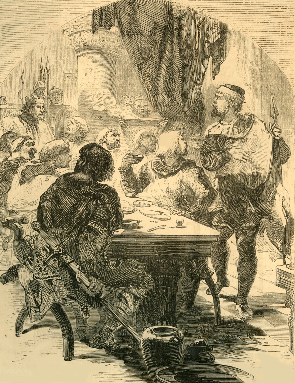 Haroldin järjestämässä juhlatilaisuudessa hän saa News of the Invasion of the Normans, vuodelta 1890. tekijältä Unbekannt