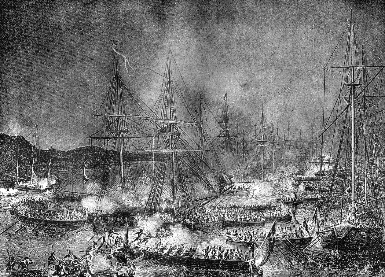 Hyökkäys ranskalaiseen hyökkäyslaivueeseen Boulognessa, Ranskassa, 15.-16. elokuuta 1801 1882-1884 tekijältä Unbekannt
