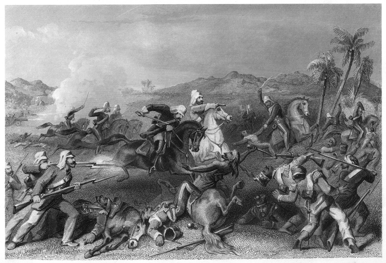 Kenraali Nicholsons Epäsäännöllisen ratsuväen hyökkäys Sealkote-kapinaajia vastaan, 1857, c1860 tekijältä Unbekannt