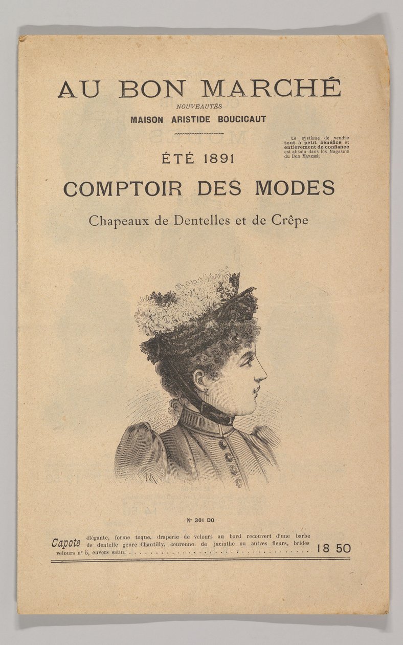 Au Bon Marché-Comptoir des Modes, Pitsi- ja kreppihatut, kesä 1891, 1891. tekijältä Unbekannt