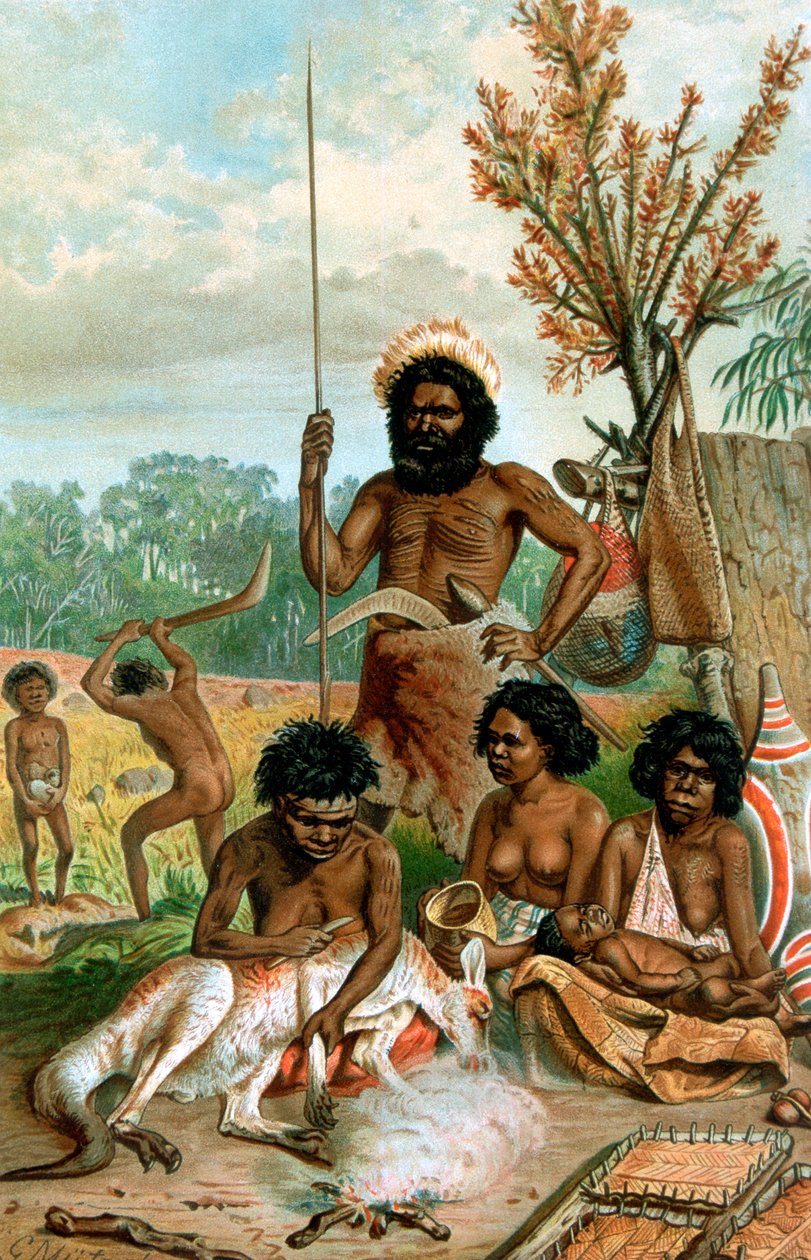 Australian aboriginaalit teurastamassa kengurua, 1885-1888 tekijältä Unbekannt