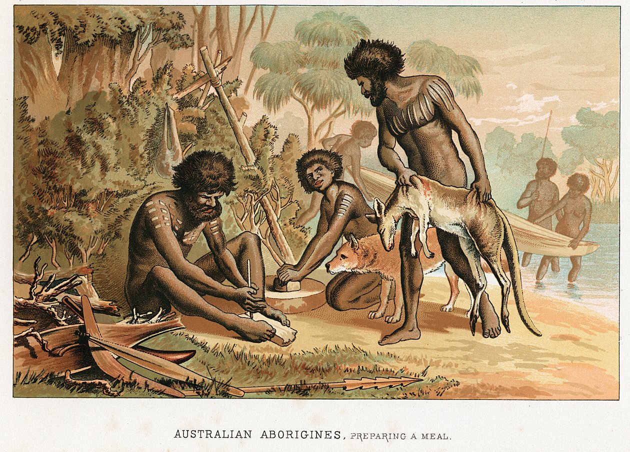Australian alkuperäisasukkaat valmistavat ateriaa metsästämästään eläimestä, c1895 tekijältä Unbekannt