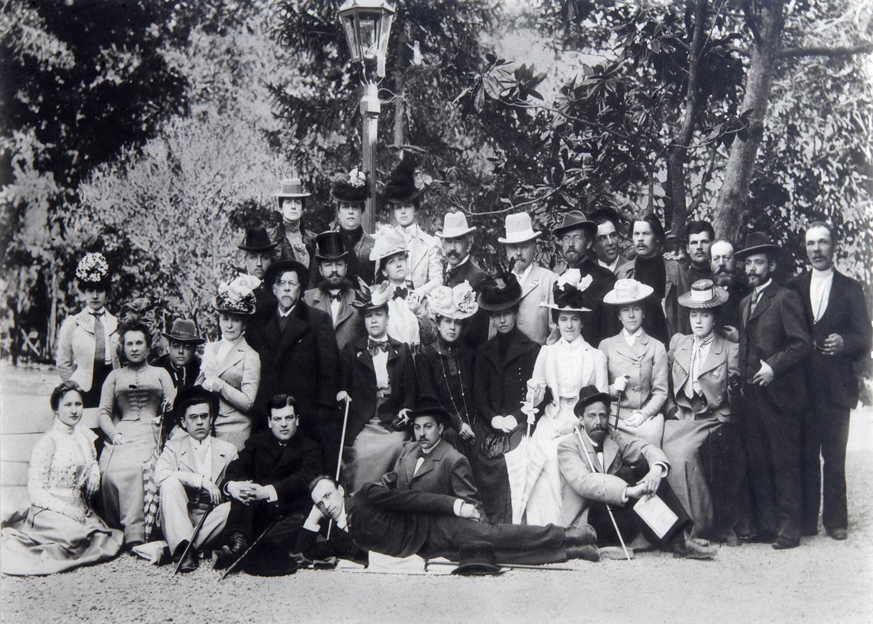 Kirjailija Maxim Gorky ja Anton Chekhov Moskovan taideteatterin näyttelijöiden välillä, 1900 tekijältä Unbekannt