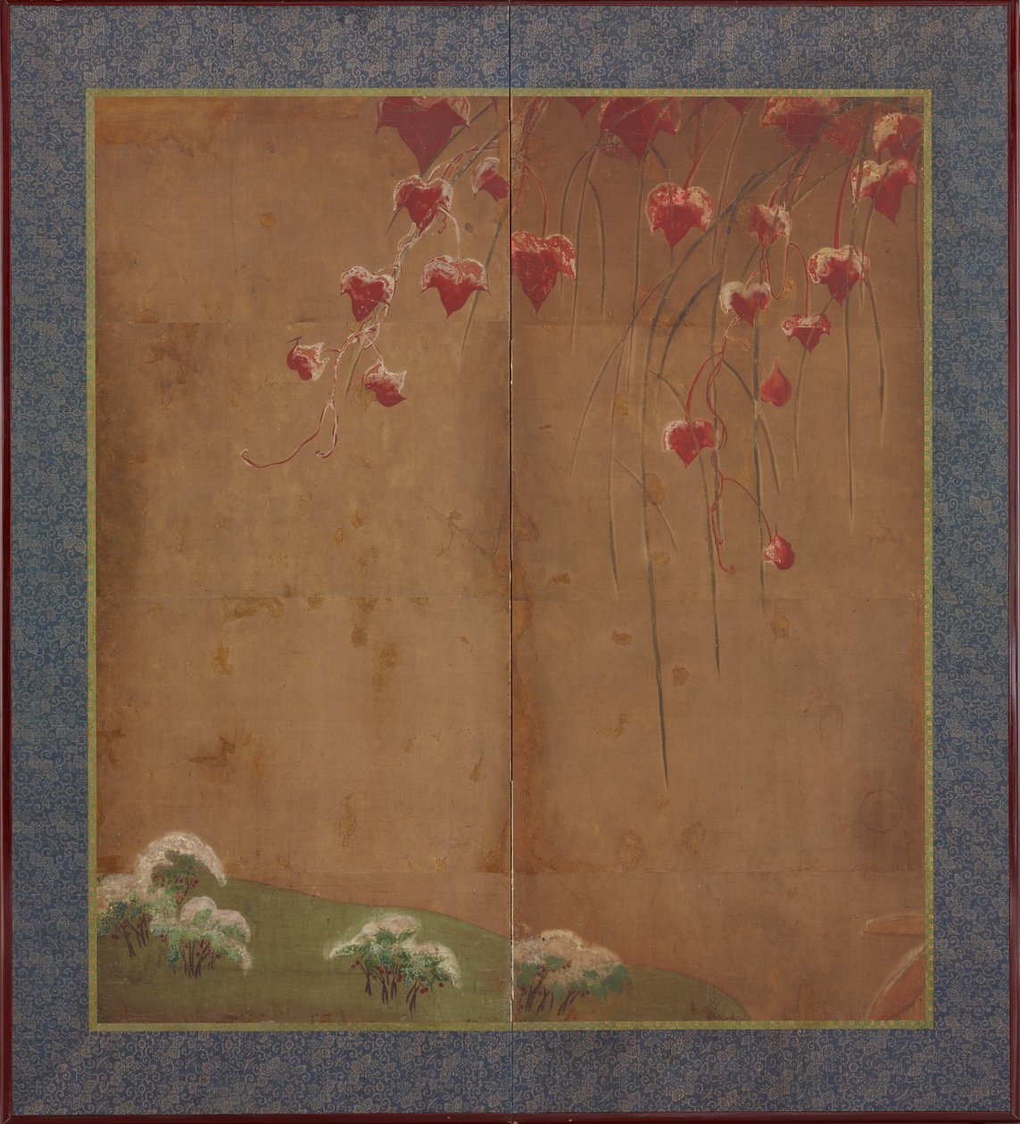 Syksyinen viiniköynnös, kaukaiset puut ja lumi, Edo-kausi, 1615-1868. tekijältä Unbekannt
