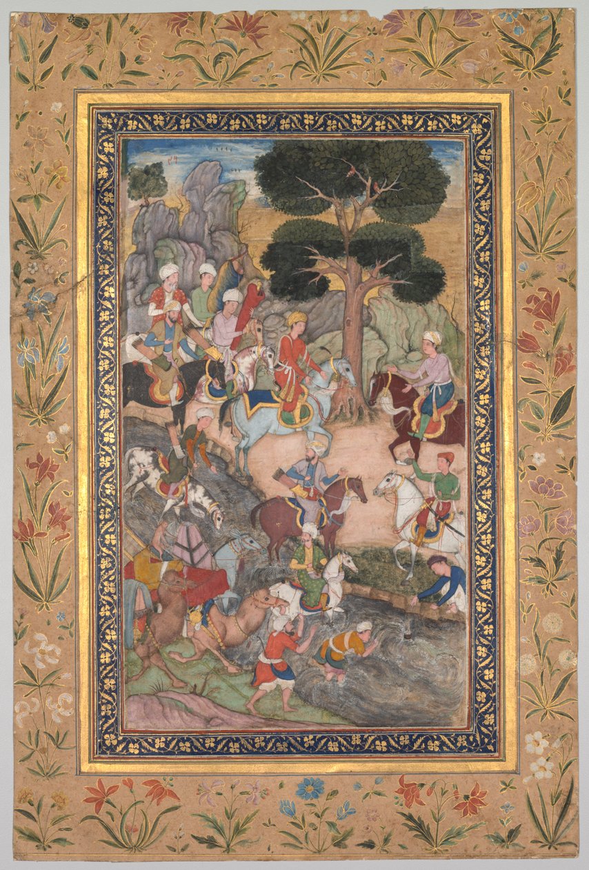 Babur tapaaminen sulttaani Ali Mirzan kanssa Kohik-joella, Babur-naman muistelmista Baburista, n. 159 tekijältä Unbekannt