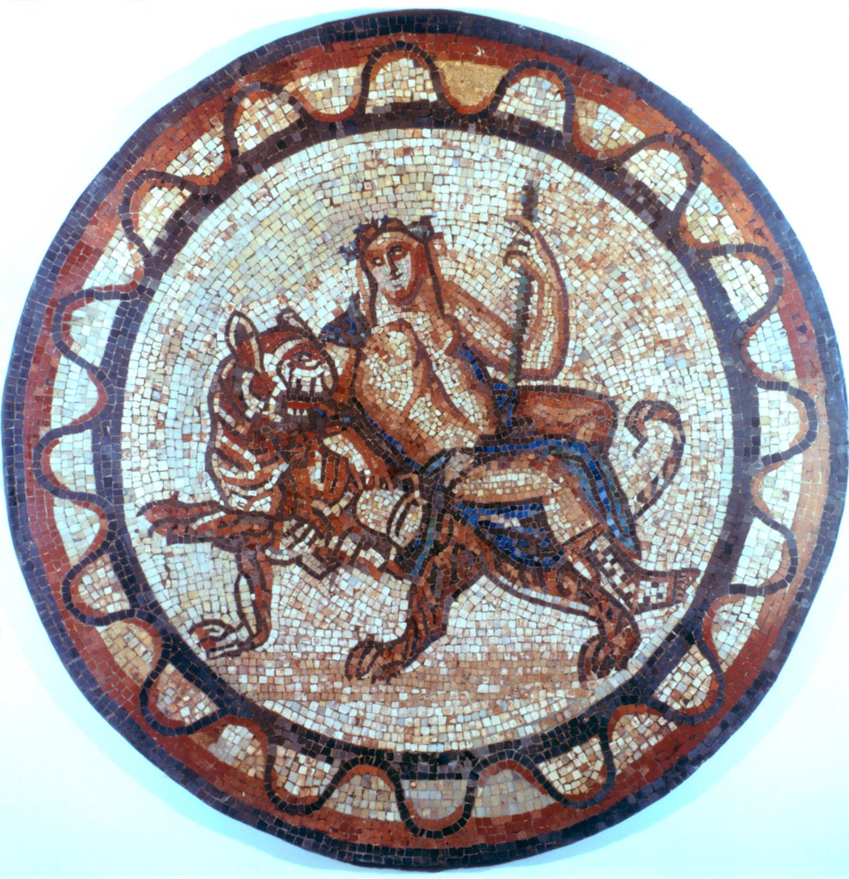 Bacchus, antiikin roomalainen viininjumala, ratsastaa tiikerin päällä, roomalainen mosaiikki, 1. tai 2. vuosisadalla tekijältä Unbekannt