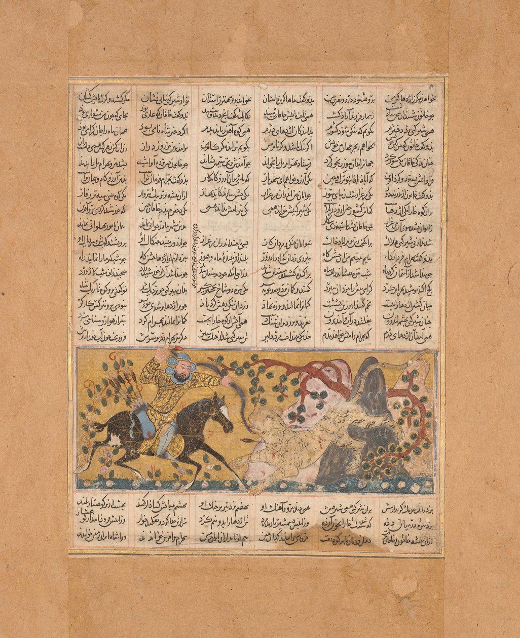Bahram Chubina tappaa leijonan muotoisen apinahirviön, folion Shahnamasta..., n. 1300-30. tekijältä Unbekannt
