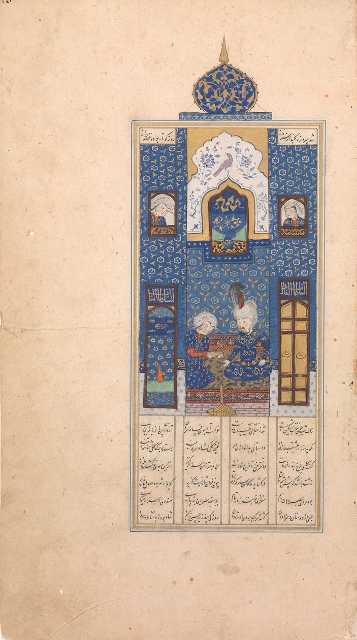 Bahram Gur sinisessä paviljongissa, Folio Khamsa Quintet of Nizamista, 1500-luvun alku. tekijältä Unbekannt