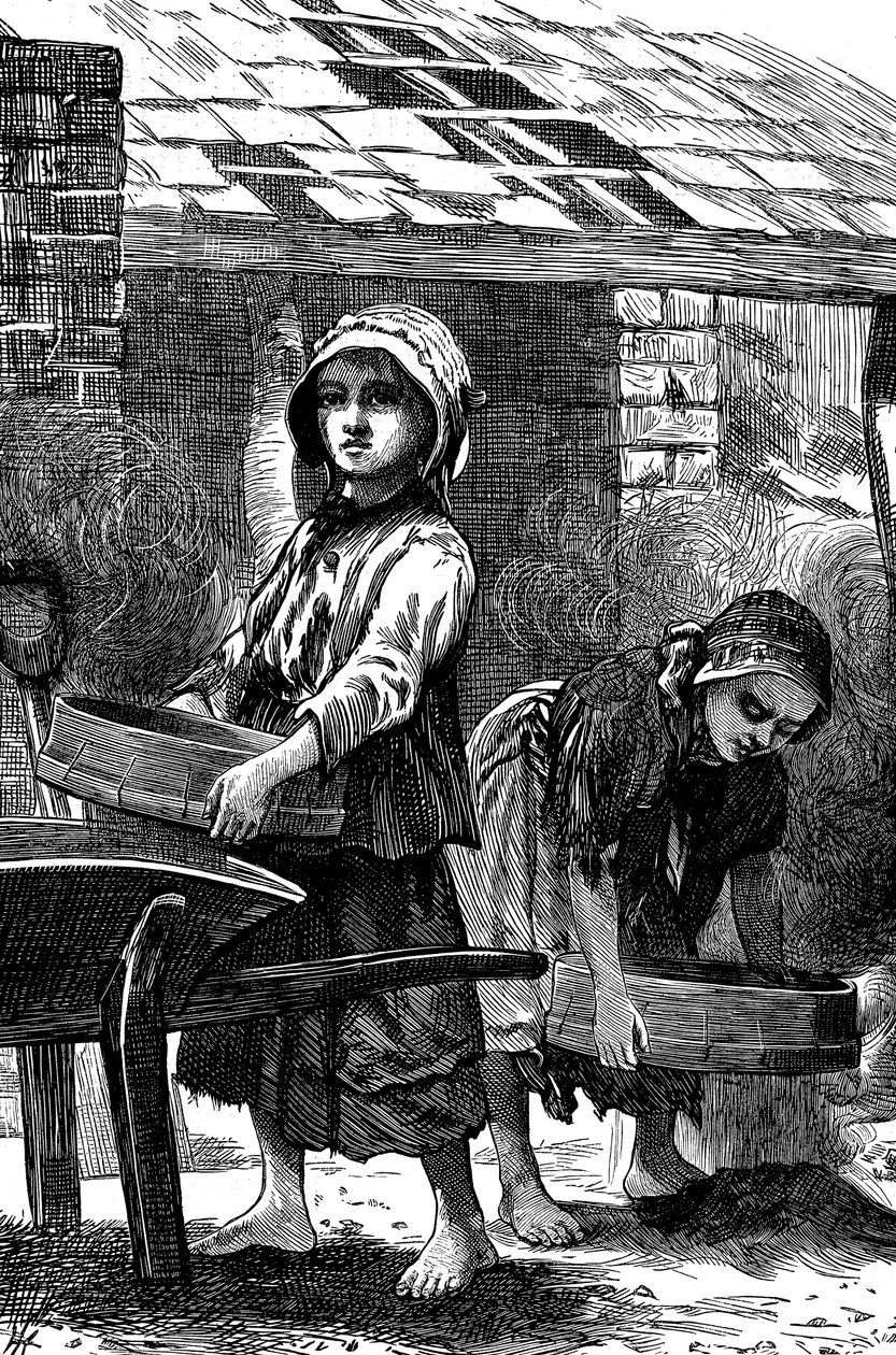 Paljasjaloiset tytöt seulovat pölyä tiilitehassa, 1871 tekijältä Unbekannt