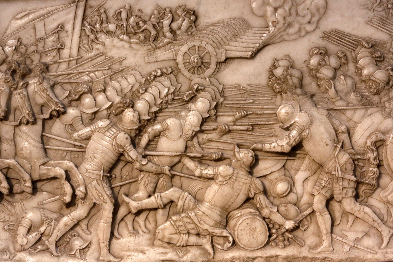 Pyhän Denisin basilika, Ranskan kuninkaan Francis 1 ja Ranskan Clauden hauta, Säätiön matala kohokuvio, Kuvaus Marignanon taistelusta vuonna 1515 - ranskalaiset ja heidän tykistönsä päin Sveitsin vanhaa valaliittoa, Saint-Denis, Ranska tekijältä Unbekannt