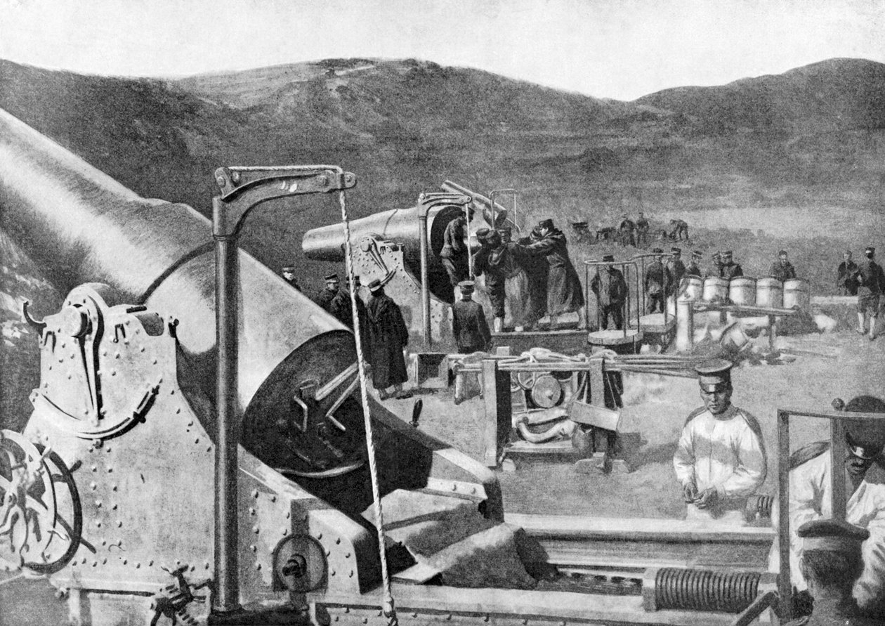 Japanilaisten piiritysaseiden patteri pommittaa Port Arthuria, Venäjän ja Japanin sota, 1904-5 tekijältä Unbekannt