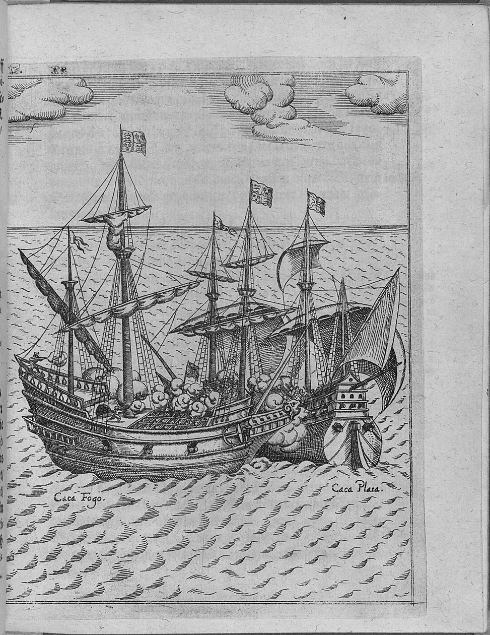 Taistelu Francis Drakes -laivan Golden Hind ja espanjalaisen Cacafuegon välillä. Levinus Hulsiulta tekijältä Unbekannt