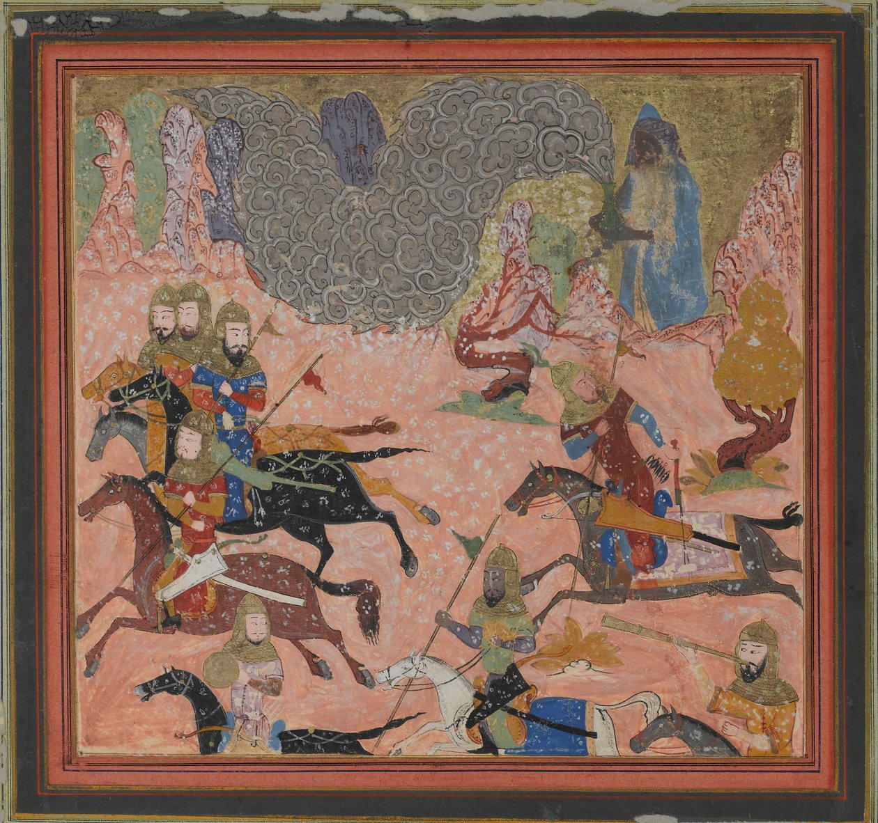Bazur, taikuri, Nostaa pimeyttä ja myrskyä, Folio Shahnamasta..., n. 1430-40. tekijältä Unbekannt