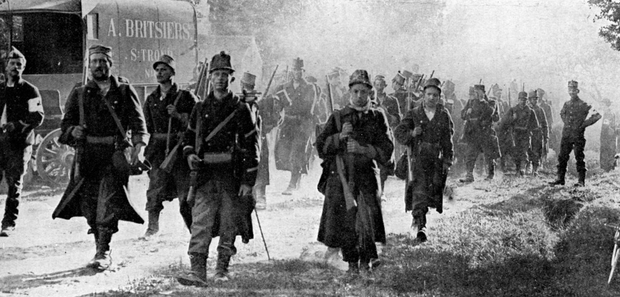Belgialaiset joukot lähestyvät taistelukohtaa, ensimmäinen maailmansota, 1914 tekijältä Unbekannt