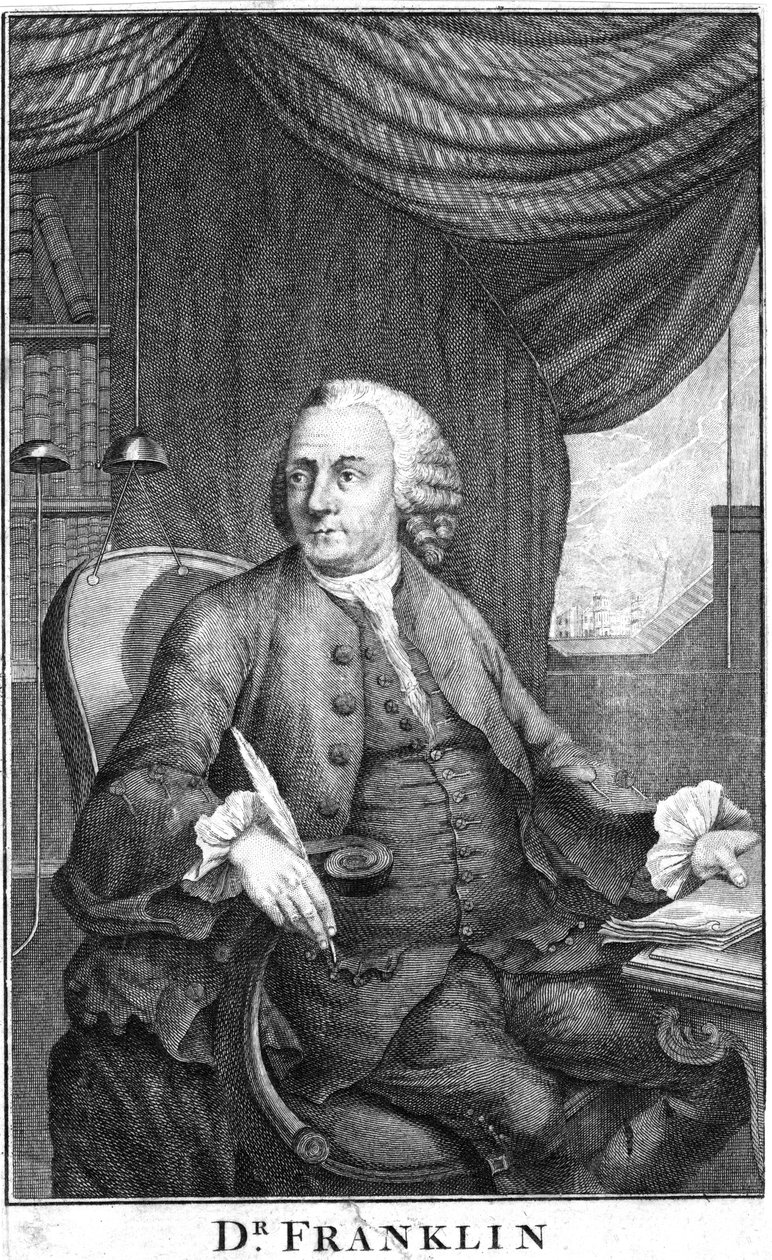 Benjamin Franklin, amerikkalainen tiedemies, keksijä ja valtiomies, 1700-luvun loppu tekijältä Unbekannt