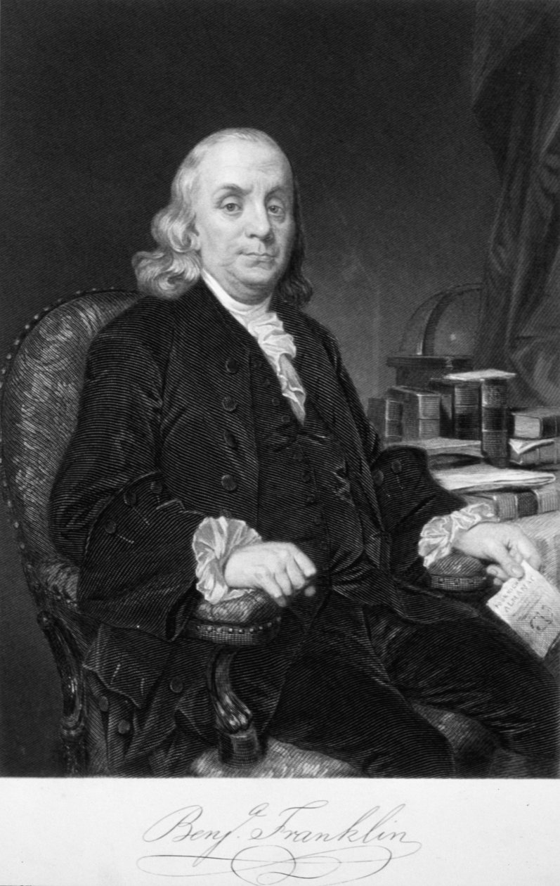 Benjamin Franklin, amerikkalainen tiedemies, keksijä ja valtiomies, 1700-luvun loppu tekijältä Unbekannt