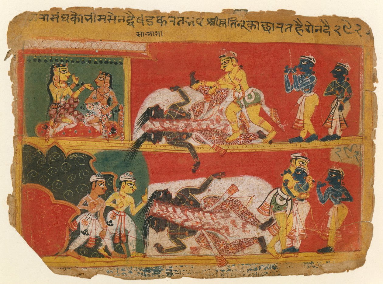 Bhima viipaloi Jarasandhaa: sivu Bhagavata Puranan käsikirjoituksesta, n. 1540. tekijältä Unbekannt