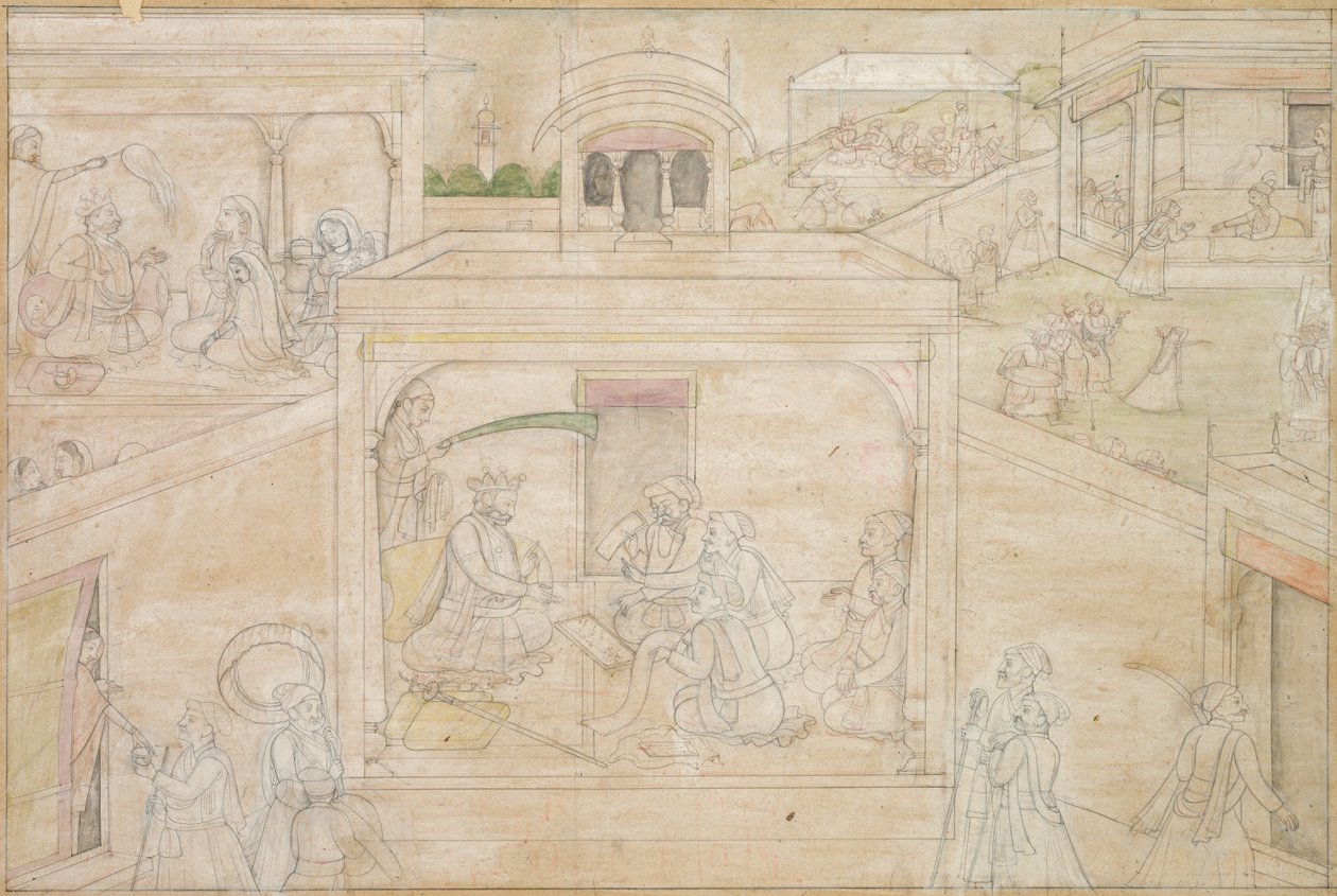 Bhimas-konsultaatio astrologin kanssa: kohtaus Nala-Damayanti-piirroksista, n. 1790-1800. tekijältä Unbekannt
