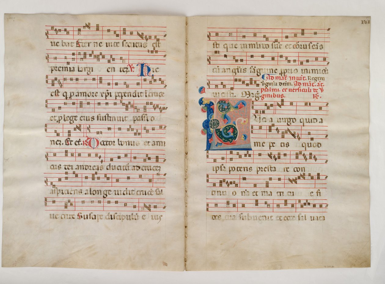 Bifolium alkukirjaimella L, antifonaarista, italialainen, 1300-luku. tekijältä Unbekannt