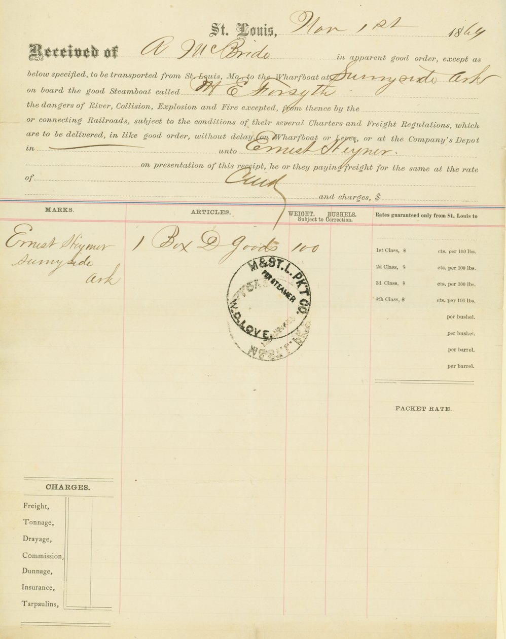 Konossementti, höyrylaiva M [ary] E.Forsyth, Sunnyside, Arkansas, 1. marraskuuta 1864 tekijältä Unbekannt