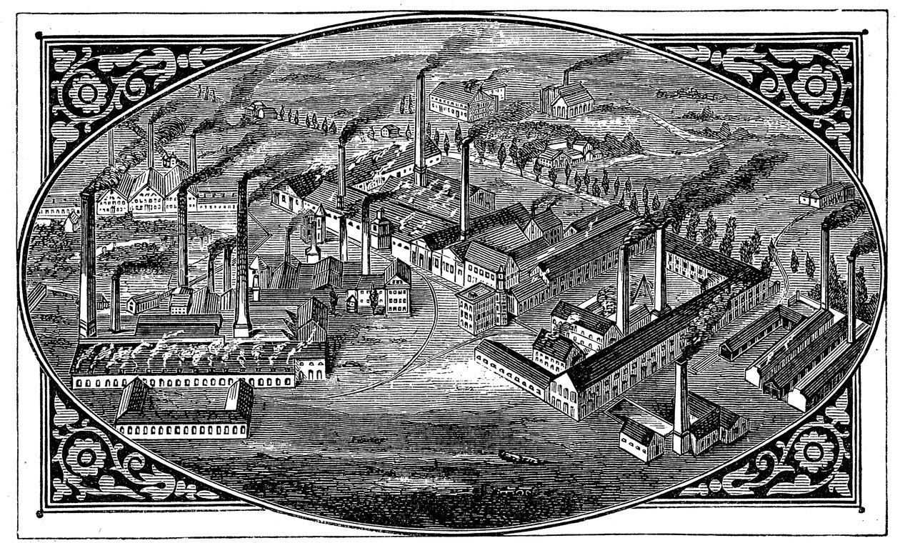Lintuperspektiivikuva Kruppsin teoksista, Essen, Saksa, 1876 tekijältä Unbekannt