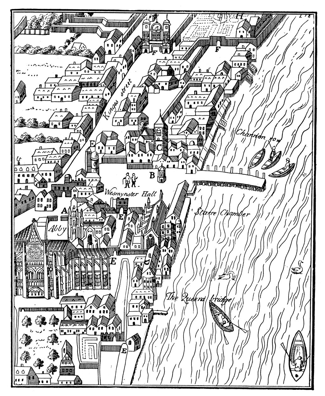 Lintuperspektiivistä Westminsterin palatsi, Lontoo, c1560, c1902-1905 tekijältä Unbekannt
