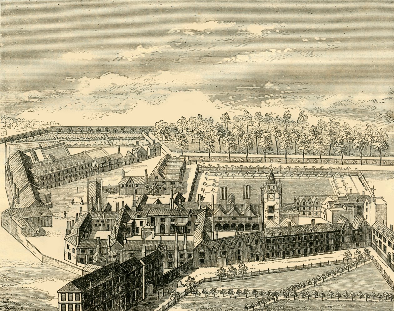 Birds Eye View vanhasta charterhousesta, c1872. tekijältä Unbekannt