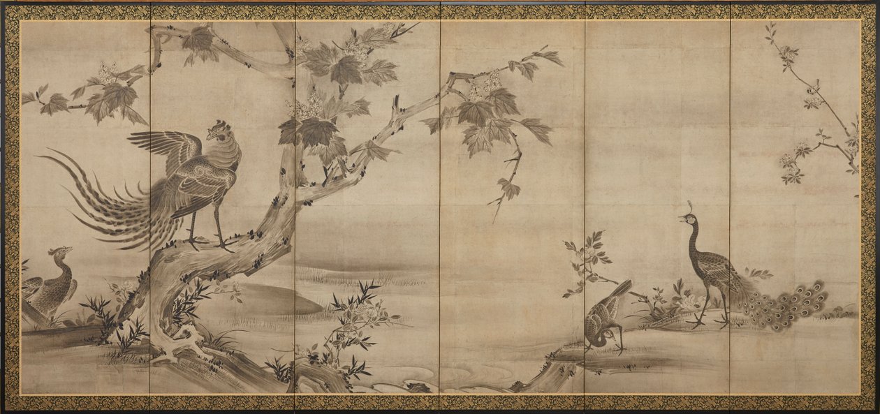 Linnut, kukat ja puut: takana, bambupuut, Momoyama-kausi, 1568-1615. tekijältä Unbekannt