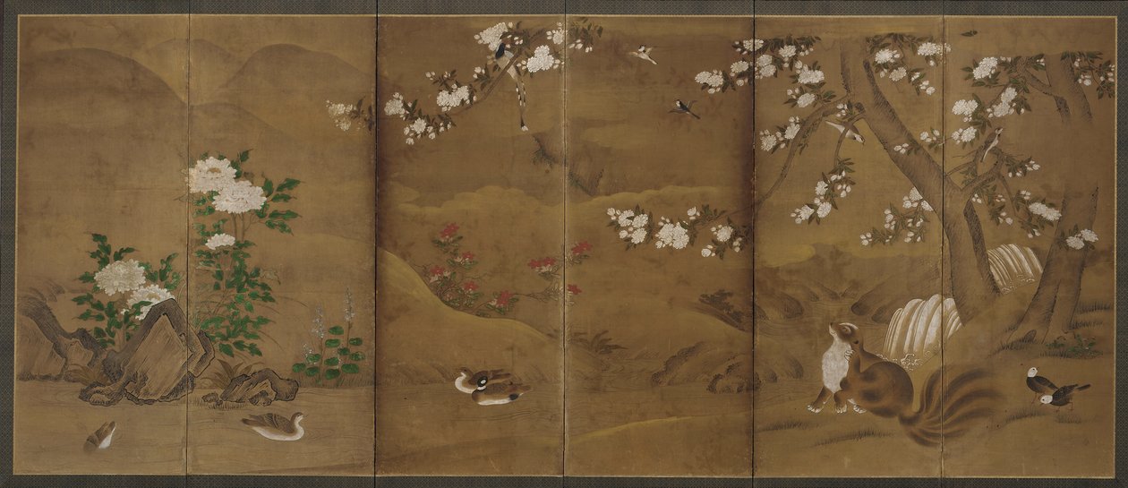 Linnut, vuodenaikojen kukat ja sivettikissat, Muromachin tai Momoyama-kausi, 1500-luku. tekijältä Unbekannt