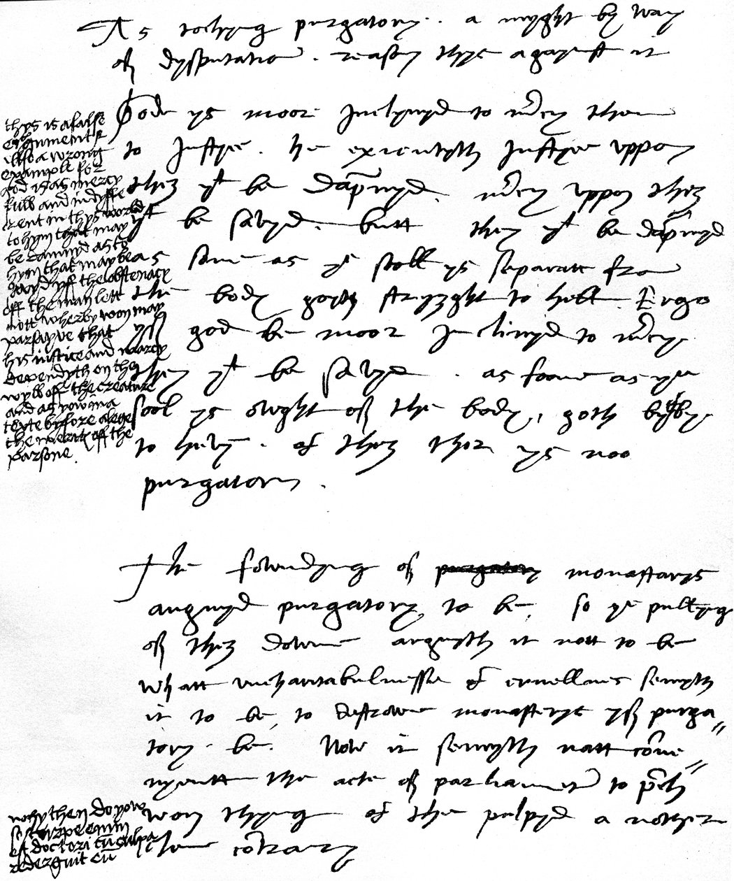 Piispa Latimerin argumentit katolista Kiirastuli-oppia vastaan, kuningas Henrik VIII:n tekemät reunamerkinnät, n. 1538 (kynä ja muste paperille) tekijältä Unbekannt