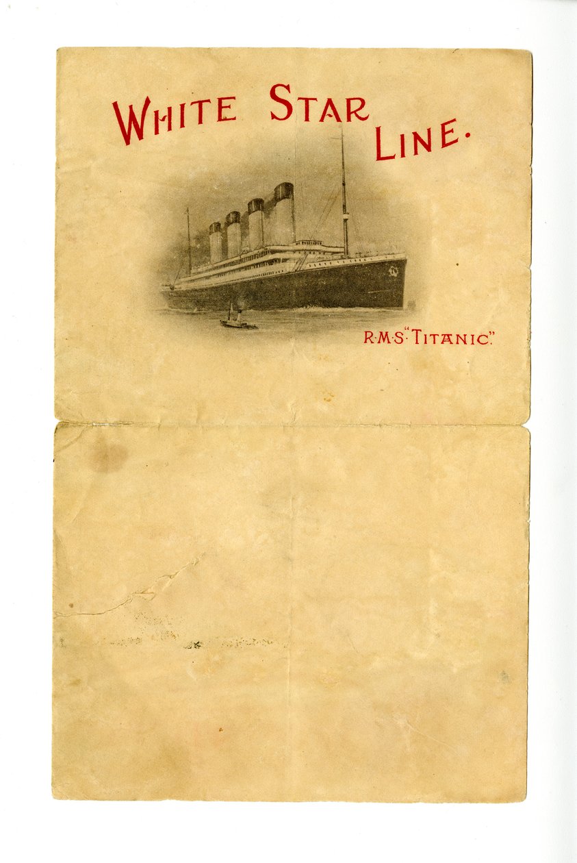 Tyhjä R.M.S Titanic -paperitavara [tuntemattoman selviytyjän antama Hurdsille], n. 1912 tekijältä Unbekannt