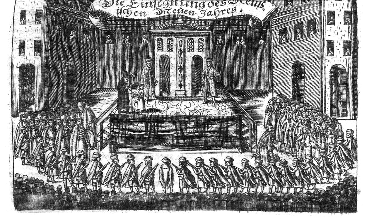 Venäläisen uudenvuoden siunaus Georg Adam Schleissing Derer beiyden Czaarenilta Reusslandissa Ivan ja Peter Alexewiz, 1693 tekijältä Unbekannt