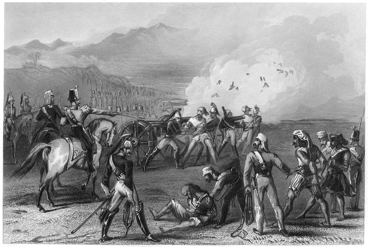 Kapinallisia Sepoyja puhaltaa aseista, 1857, c1860 tekijältä Unbekannt