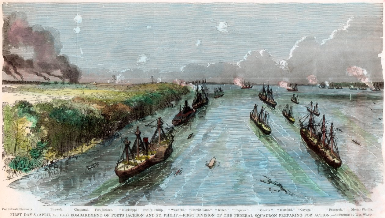 Jacksonin ja St Philipin linnoitusten pommittaminen, Louisiana, Amerikan sisällissota, huhtikuu 1862 tekijältä Unbekannt